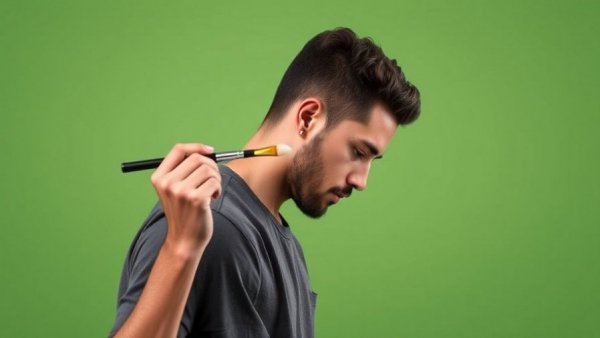 Profile of a male makeup artist relaxed with brush, neutral backdrop.