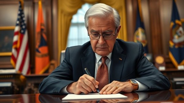 Elderly man signing a document in an official setting, related to Trump's H-1B visa changes.