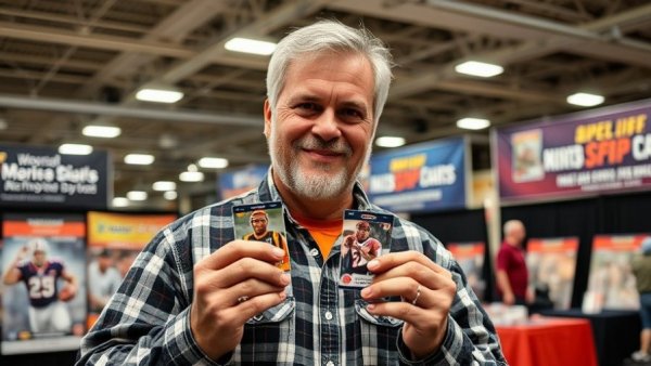 Man showcasing sports card at memorabilia event in Shawnee, Kansas.