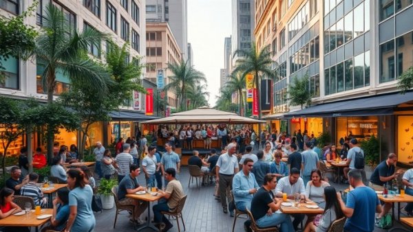 Bustling urban plaza with dining options, community gathering.