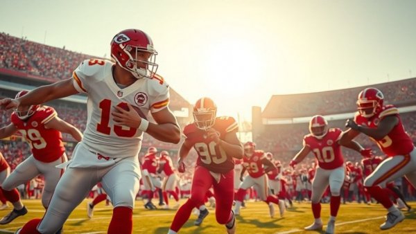 Kansas City Chiefs quarterback dodges opponents on the field.