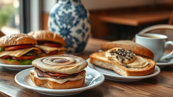 Delicious food spread at a restaurant in Kansas City, featuring a cinnamon roll, sandwich, and coffee.