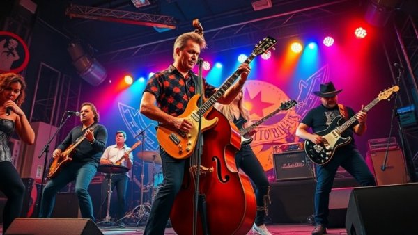 Vibrant rockabilly band at Kansas City event.