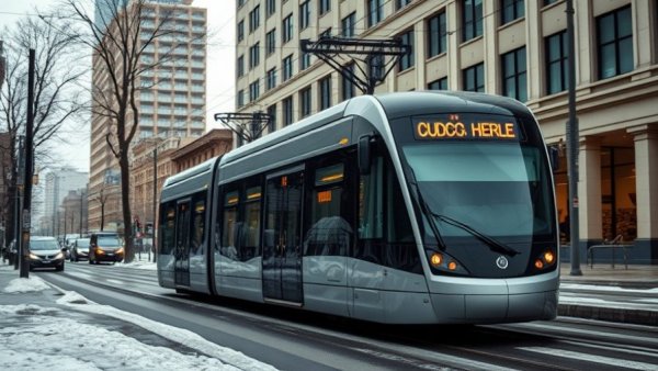 Modern KC streetcar gliding down urban street, overcast winter day.