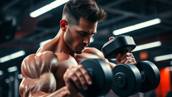 Man performing shoulder-focused dumbbell front raise in gym.
