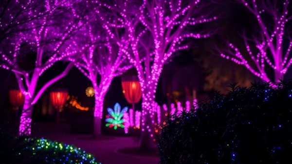 Vibrant light display illuminating night garden, weekend activities Kansas City.
