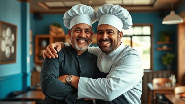 Friendly chef duo in a Kansas City restaurant, smiling and embracing.