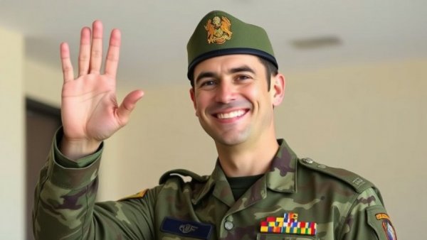Man in military attire waving indoors, Trump news conference today.