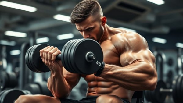 Bodybuilder showing seated curls for biceps growth in the gym.