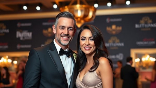 Elegant couple smiling at event, showcasing stylish outfits.