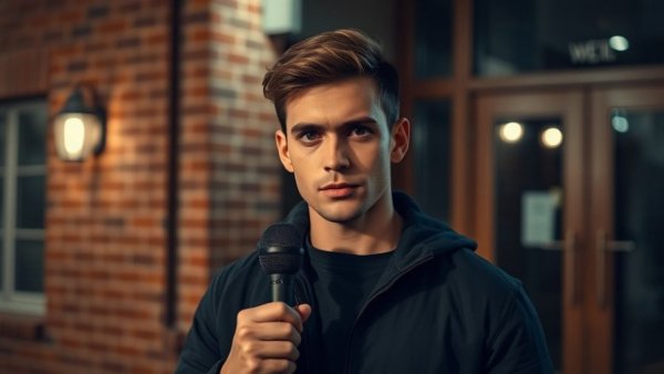 Reporter outside KC homeless shelter at night, holding a microphone.