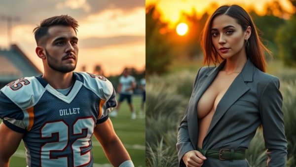 Juxtaposed image of male football player and stylish woman outdoors.