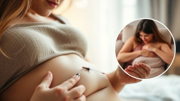 Close-up of IVF hormone delivery with inset of mother and baby.