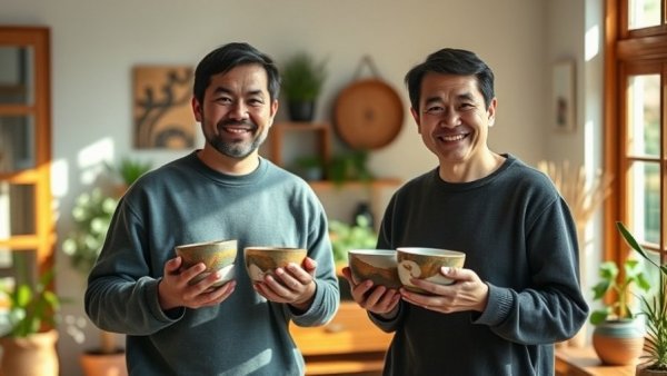 Happy individuals showcasing Kintsugi pottery in a sunlit room.