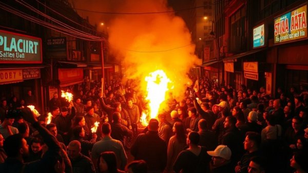 Chaotic protest with fires and crowd in urban Iran at night.