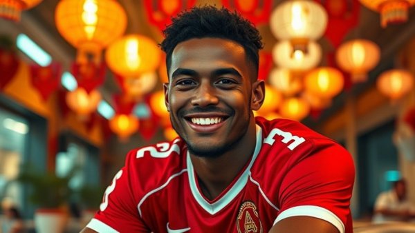 Kansas City Chiefs player with smile in festive setting.