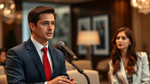 Individuals discussing at a conference amid Minnesota fraud scandal.