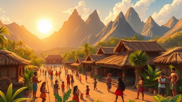 Colorful Mesoamerican village art in Kansas City, featuring lively daily scenes.