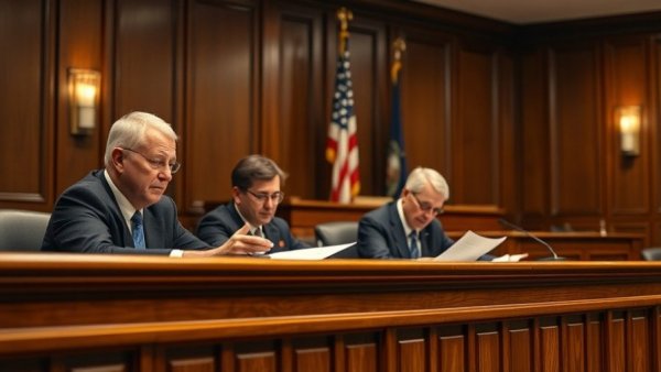 Judges in a courtroom reviewing documents regarding Missouri gender-affirming care ban.