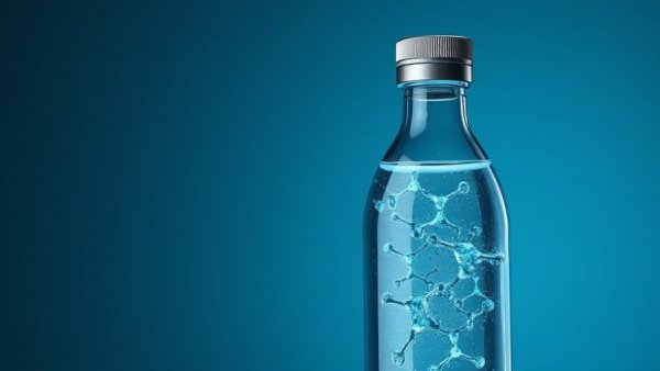 Hydrogen water benefits showcased with modern design and vibrant molecules.