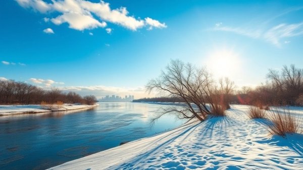 Winter landscape in Kansas City with snow and skyline, featuring local scenery.