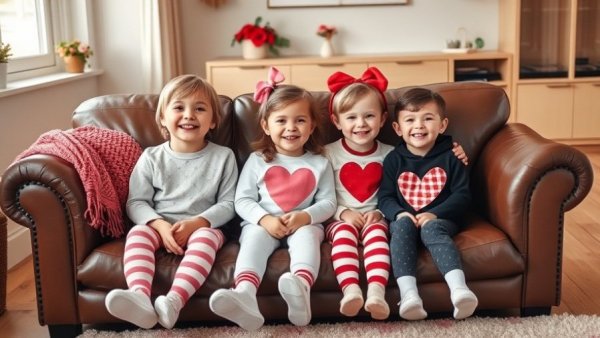 Kids in Valentine's outfits enjoying in cozy living room, DIY valentines for kids.