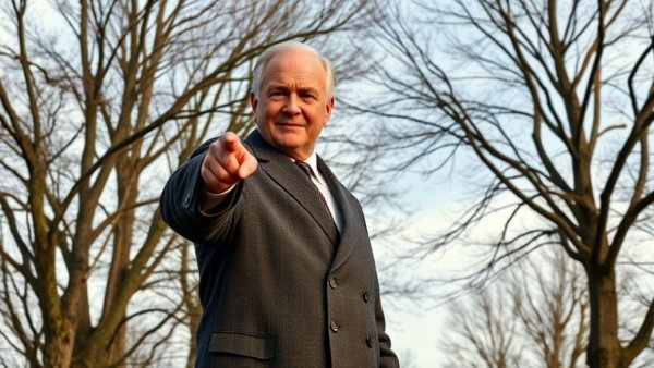 Older man pointing assertively outdoors, related to Trump tariffs on Denmark and European nations.