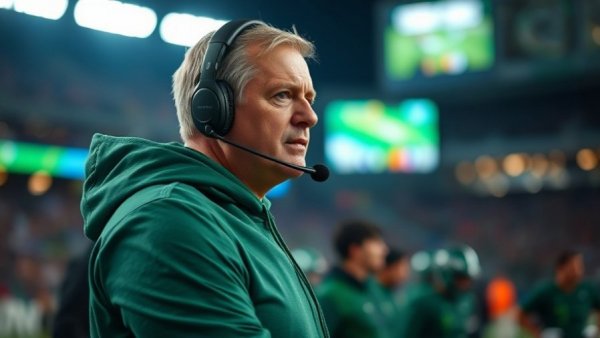 Attentive football coach in green hoodie during a night game.