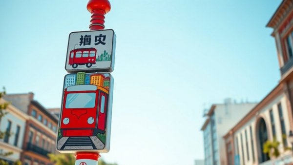 Colorful Parkville sign with buildings and train, clear sky.