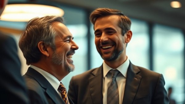 Middle-aged man in suit laughing in conversation, indoor setting.