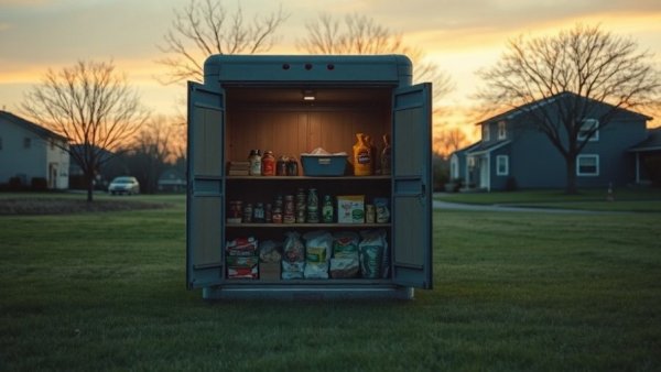 Kansas City neighborhoods community pantry with canned goods at sunset.