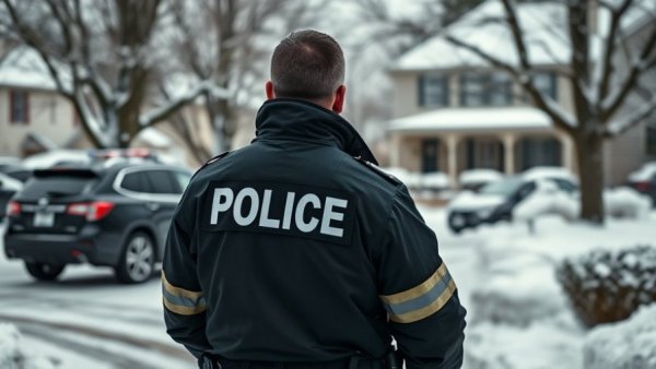 ICE officer in snowy suburb confronting sex offender protest.