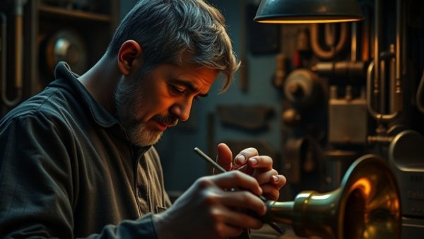 KC Horn Doctor in workshop repairing brass instrument.