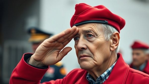 MAGA Year One, older man in red cap saluting with officer in background.