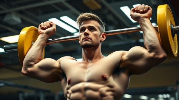Muscular man demonstrating perfect overhead press setup in gym.