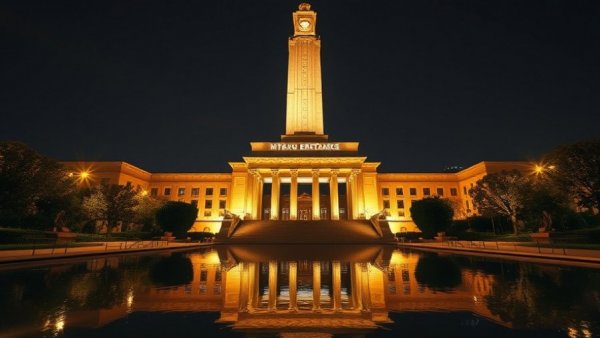 Kansas City museum with illuminated monument at night