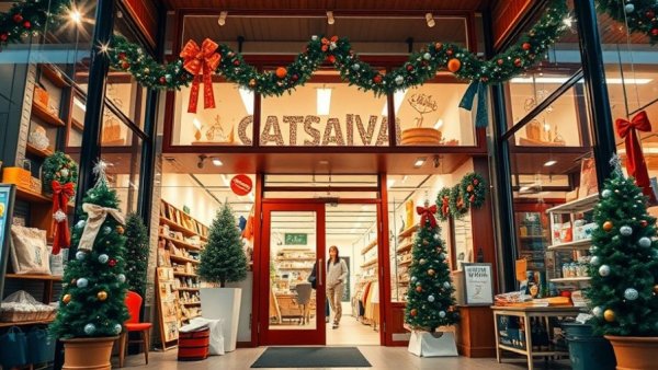 Charming local shop entrance with holiday decor; easy indoor activities for cold weather shopping.
