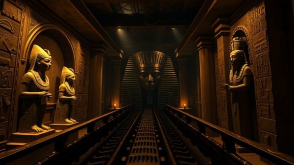 Egyptian-themed roller coaster interior at Universal Orlando, focusing on safety aspects.