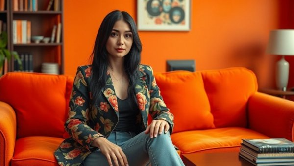 RO-MiNA Ustayev in a stylish floral jacket on orange couch, fashion and music.