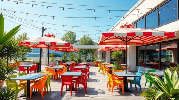 Stylish outdoor dining area in Kansas City with umbrellas.