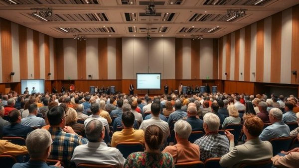 Community meeting in Kansas City neighborhoods with attendees in a spacious hall.