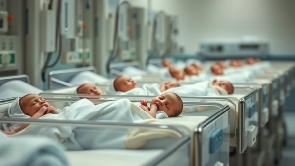 Newborns sleeping peacefully in hospital bassinets, serene maternity ward.