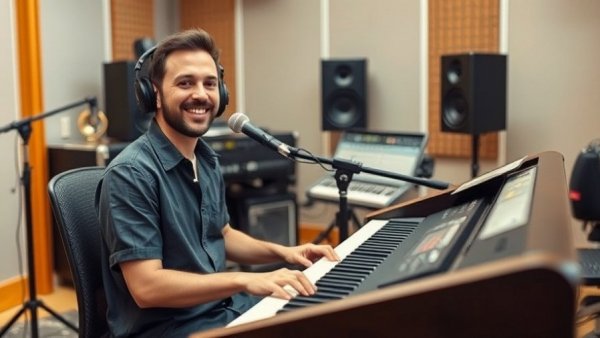 Musician in Kansas City neighborhoods studio, smiling at keyboard.