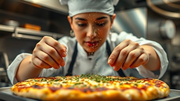 Chef in kitchen garnishing flatbread, related to Kansas City James Beard nominations.