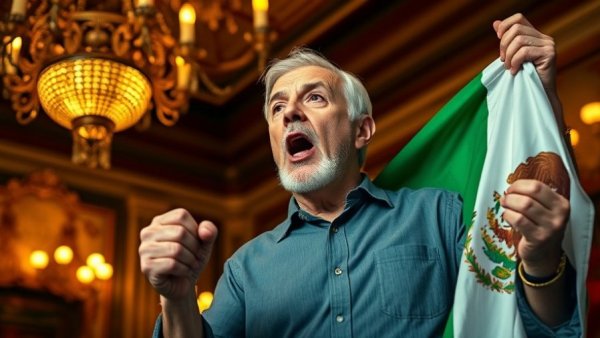 Man speaking passionately, holding Mexican flag indoors.