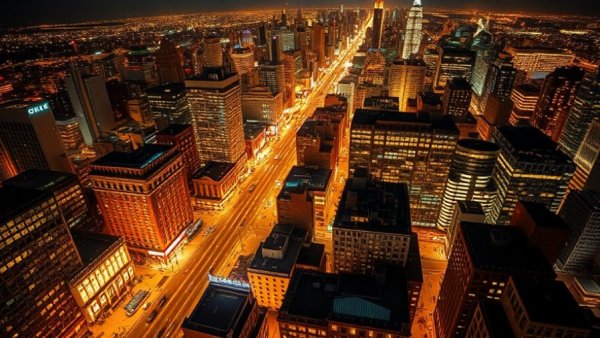 Illuminated aerial view of New York City streets and skyscrapers at night, reflecting the AI boom in New York City.