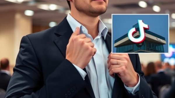 Prominent figure adjusting suit with TikTok sign, TikTok American entity.