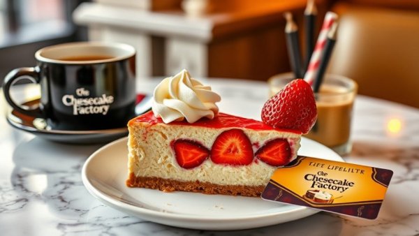 Cheesecake Factory gift card bonus with slice of cheesecake and coffee.