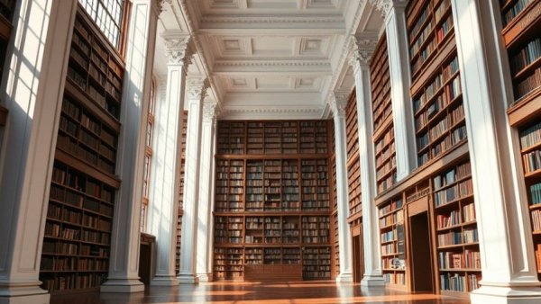 A classic library with tall pillars and filled bookshelves, ideal for date ideas in Kansas City.