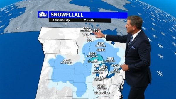 Map showing Kansas City snowfall totals with forecaster pointing.